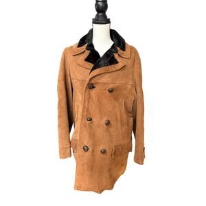 Vintage 1970s Men’s Suede Pea Coat Insulated Brown Size M